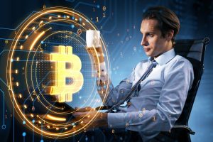 A man in a light blue dress shirt and tie sits in a dark office chair, holding a white mug in his right hand. In front of him, a large, glowing gold Bitcoin symbol is encircled by bright, abstract lines and numerous digital zeros and ones, representing binary code. The background is a dark blue, infused with subtle glowing lines resembling a circuit board, with more binary code scattered throughout. The man looks thoughtfully towards the Bitcoin symbol.