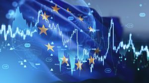 A blue image featuring the European Union flag with gold stars, overlaid with translucent white and teal financial charts. These charts include line graphs, bar charts, and numerical data points showing values such as +2.45, -1.28, and -3.04, indicating economic fluctuations.