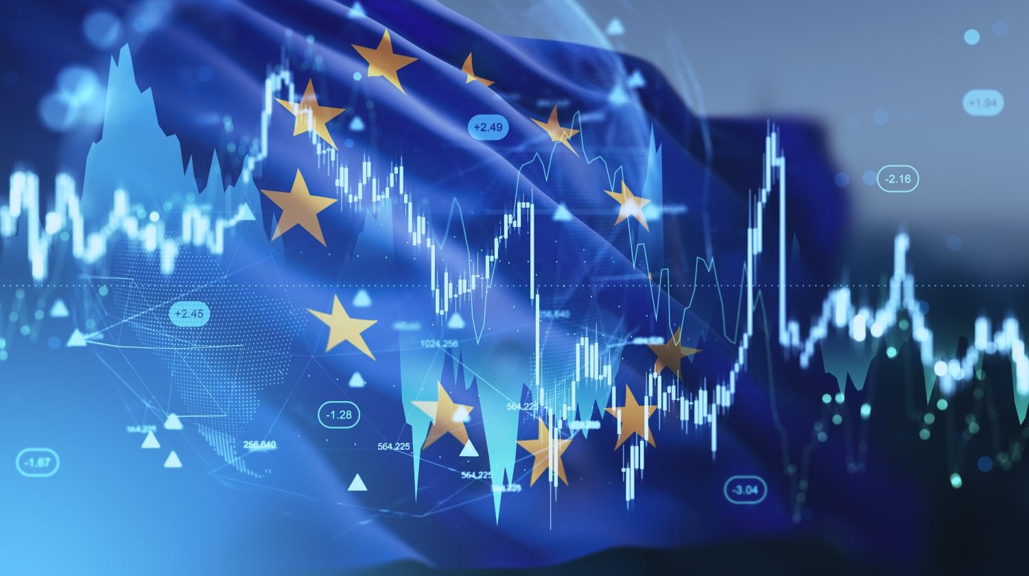 A blue image featuring the European Union flag with gold stars, overlaid with translucent white and teal financial charts. These charts include line graphs, bar charts, and numerical data points showing values such as +2.45, -1.28, and -3.04, indicating economic fluctuations.
