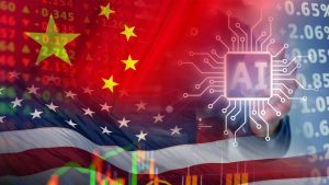 A composite image featuring the Chinese flag with its red background and yellow stars overlaid on the American flag with its red, white, and blue stripes and white stars. Superimposed on this are digital stock market numbers in green and red, representing financial data. A prominent graphic of a translucent white microchip labeled 'AI' with surrounding circuitry lines is also visible, with a faint human hand reaching towards it.