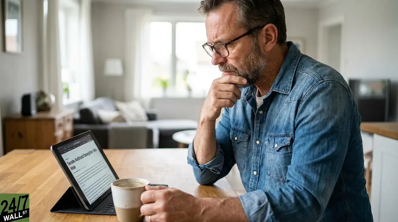 A middle-aged man with a beard and glasses, wearing a blue denim shirt, sits at a wooden table. He is intently looking at a tablet propped up in a black case, which displays text about a Senate antitrust exemption vote. His right hand is raised to his chin in a thoughtful pose, and his left hand holds a two-tone ceramic coffee mug. The background shows a blurred, bright living room interior.