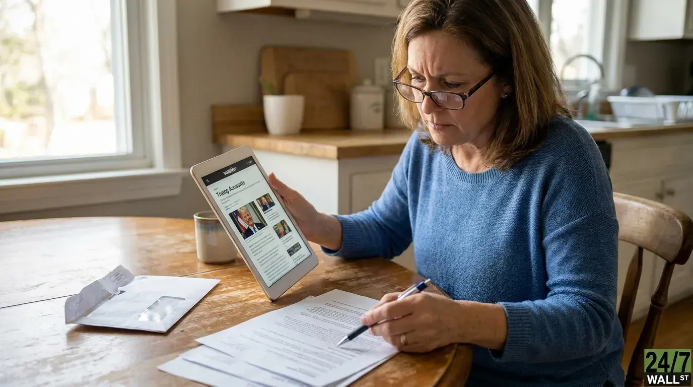 A woman with brown hair and glasses, wearing a blue long-sleeved sweater, sits at a wooden table. She holds a white tablet in her left hand, which displays a news article with the prominent headline 'Trump Accounts'. Her right hand holds a pen, resting on several paper documents spread across the table. An open white envelope and a light brown coffee mug are also on the table. In the background, a bright window and a kitchen counter with various items are visible, illuminated by natural light.