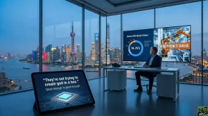 A panoramic view from a high-rise office shows the illuminated Shanghai skyline at dusk, with the Oriental Pearl TV Tower and other skyscrapers alongside the Huangpu River. In the office, a man in a suit sits at a desk, looking at a large wall screen displaying a 'Global GPU Market Share' pie chart with a 70-75% segment and an image of robotic arms in a factory. A tablet in the foreground displays a quote: 'They're not trying to create god in a box.' and an illustration of a microchip.