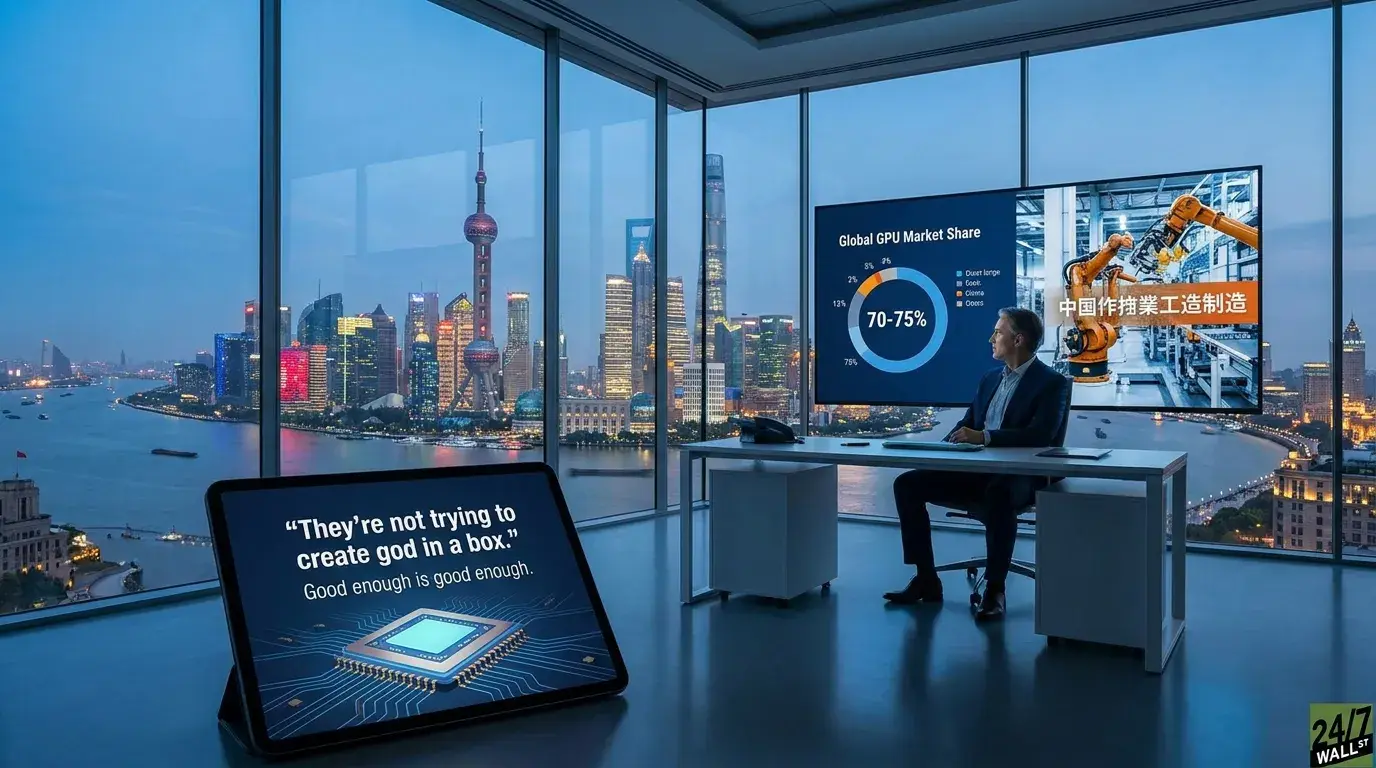 A panoramic view from a high-rise office shows the illuminated Shanghai skyline at dusk, with the Oriental Pearl TV Tower and other skyscrapers alongside the Huangpu River. In the office, a man in a suit sits at a desk, looking at a large wall screen displaying a 'Global GPU Market Share' pie chart with a 70-75% segment and an image of robotic arms in a factory. A tablet in the foreground displays a quote: 'They're not trying to create god in a box.' and an illustration of a microchip.