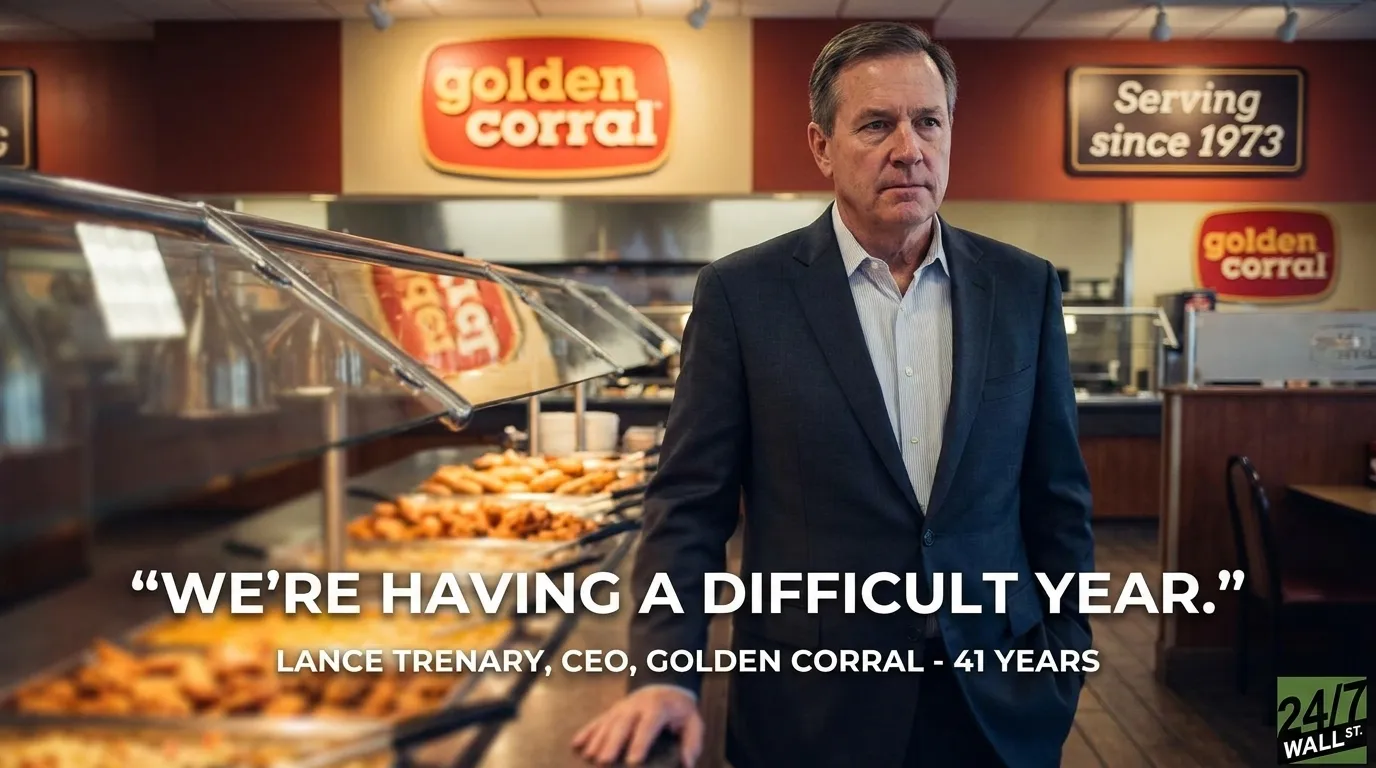 A man in a dark suit and light blue collared shirt stands in the middle of a Golden Corral buffet restaurant. He looks forward with a serious expression. Behind him are several food warming trays with various dishes, and in the background, red walls with the orange 'golden corral' logo and a black sign stating 'Serving since 1973'. White overlay text reads 'WE'RE HAVING A DIFFICULT YEAR.' and below it, 'LANCE TRENARY, CEO, GOLDEN CORRAL - 41 YEARS'. A '24/7 WALL ST.' logo is in the bottom right corner.