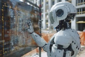 A white, humanoid robot with a clear visor stands on a construction site, its right hand pointing at a large, transparent screen displaying glowing yellow and white architectural blueprints. In the blurred background, the framework of modern buildings under construction and scaffolding can be seen.