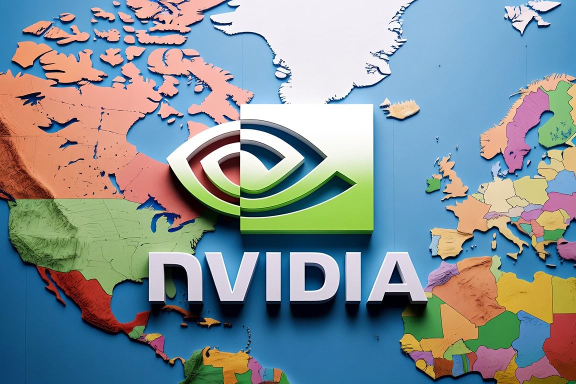 A 3D relief map of the world, primarily showing North America and Europe, in various vibrant colors (orange, green, white, yellow, blue, red) on a blue background. The large Nvidia logo, half white and half green, is centered, with the white text "NVIDIA" below it, casting shadows.
