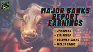 A bronze charging bull statue is prominently featured, with the American flag visible in the background on the left and abstract stacks of coins or financial data on the right. Overlaid text reads 'MAJOR BANKS REPORT EARNINGS' in large black letters with a red and blue shadow effect, and below it, a bulleted list on a golden rectangle lists 'JPMORGAN', 'CITIGROUP', 'GOLDMAN SACHS', and 'WELLS FARGO'. A '24/7 WALL ST' logo is in the top left corner.