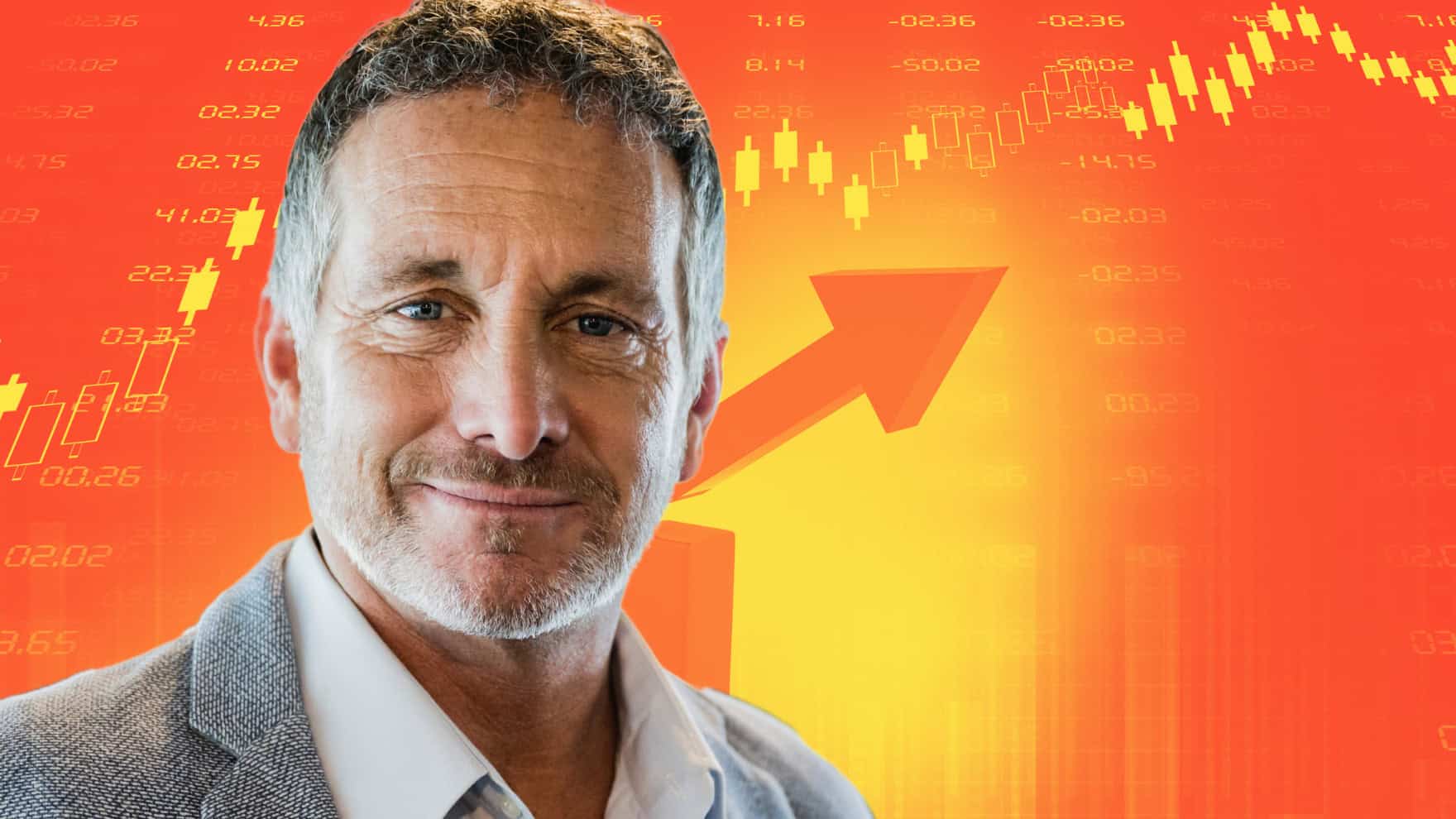 A middle-aged man with grey hair and a beard smiles confidently, set against a background of vibrant red, orange, and yellow. The background includes translucent yellow and white stock market candlestick charts, various numerical figures representing financial data, and a large orange arrow pointing diagonally upwards, symbolizing growth.