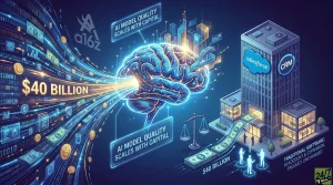 A high-tech digital graphic with a dark blue background illustrating the differing impact of $40 billion on AI versus traditional software. On the left, glowing binary code, dollar bills, and cryptocurrency coins stream into a bright blue brain, labeled "$40 BILLION." Two text boxes read, "AI MODEL QUALITY SCALES WITH CAPITAL." On the right, a grey building with "salesforce" and "CRM" logos shows a stack of "$40 BILLION" dollars exiting its base, moving past abstract figures. Below the building, text indicates, "TRADITIONAL SOFTWARE: HEADCOUNT & EXPANSION, PRODUCT UNCHANGED." The a16z and 24/7 Wall St logos are also visible.