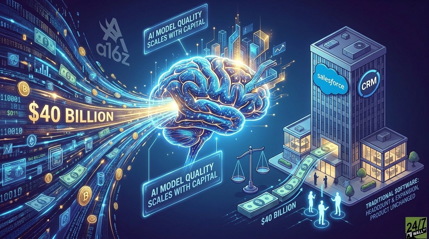 A high-tech digital graphic with a dark blue background illustrating the differing impact of $40 billion on AI versus traditional software. On the left, glowing binary code, dollar bills, and cryptocurrency coins stream into a bright blue brain, labeled "$40 BILLION." Two text boxes read, "AI MODEL QUALITY SCALES WITH CAPITAL." On the right, a grey building with "salesforce" and "CRM" logos shows a stack of "$40 BILLION" dollars exiting its base, moving past abstract figures. Below the building, text indicates, "TRADITIONAL SOFTWARE: HEADCOUNT & EXPANSION, PRODUCT UNCHANGED." The a16z and 24/7 Wall St logos are also visible.