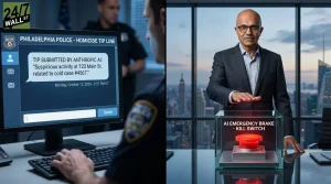 A split image. On the left, a police officer views a computer screen displaying a 'Philadelphia Police - Homicide Tip Line' message from 'Anthropic AI' about 'Suspicious activity at 123 Main St. related to cold case #4567,' dated Monday, October 12, 2026 - 6:51 PM ET. On the right, a man in a suit, identified as Microsoft CEO Satya Nadella, stands in an office with a city skyline background, his hand hovering over a prominent red 'AI EMERGENCY BRAKE - KILL SWITCH' button encased in glass.