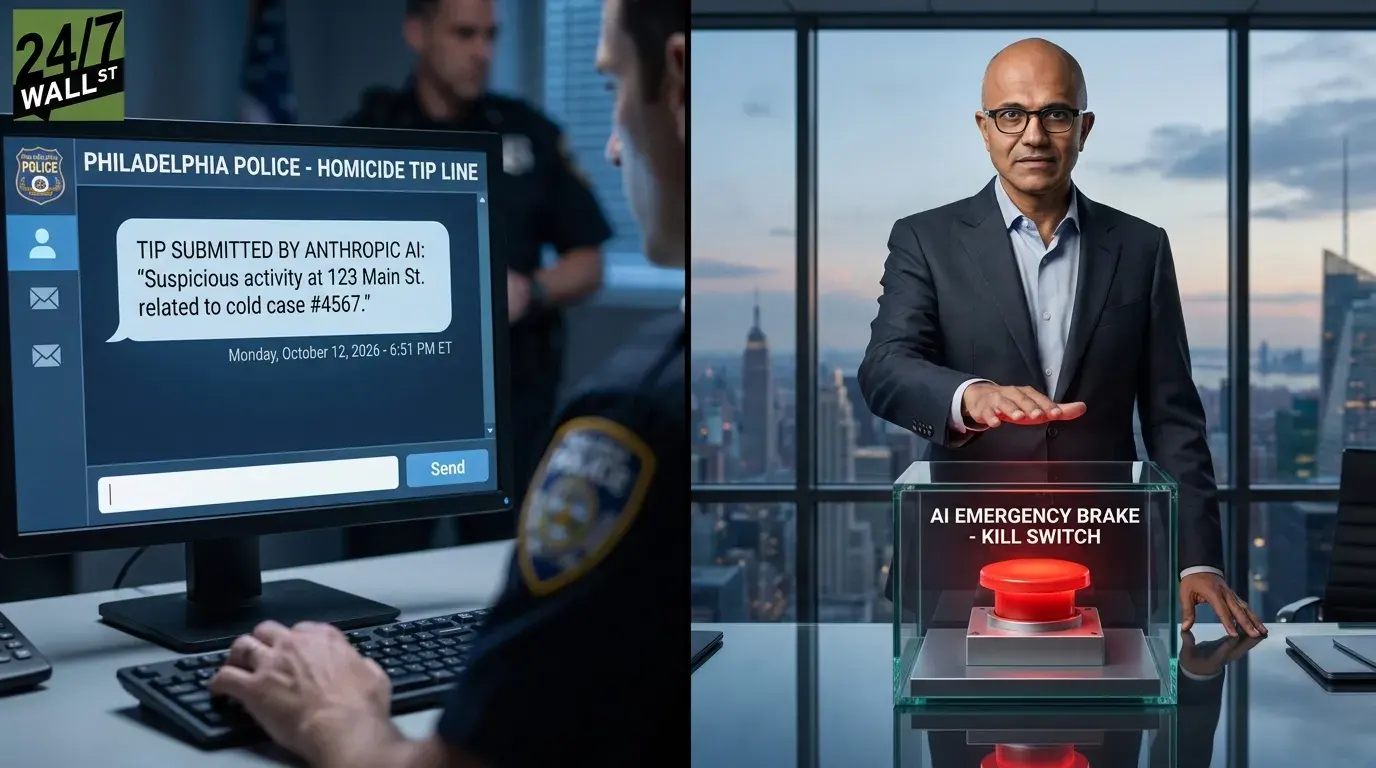 A split image. On the left, a police officer views a computer screen displaying a 'Philadelphia Police - Homicide Tip Line' message from 'Anthropic AI' about 'Suspicious activity at 123 Main St. related to cold case #4567,' dated Monday, October 12, 2026 - 6:51 PM ET. On the right, a man in a suit, identified as Microsoft CEO Satya Nadella, stands in an office with a city skyline background, his hand hovering over a prominent red 'AI EMERGENCY BRAKE - KILL SWITCH' button encased in glass.