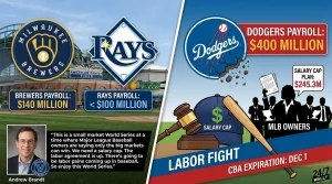 An infographic split into two sections. The left section shows the Milwaukee Brewers and Tampa Bay Rays logos over stadium backgrounds, with text stating 'Brewers Payroll: $140 Million' and 'Rays Payroll: < $100 Million.' Below is a headshot of Andrew Brandt with a quote about the small market World Series and the need for a salary cap. The right section displays a cracked Los Angeles Dodgers logo with 'Dodgers Payroll: $400 Million.' Below are illustrations of a gavel, a baseball bat, a cap with a dollar sign labeled 'Salary Cap,' and silhouettes of figures labeled 'MLB Owners' discussing a 'Salary Cap Plan: $245.3M.' A red banner at the bottom reads 'LABOR FIGHT' and 'CBA EXPIRATION: DEC 1.'