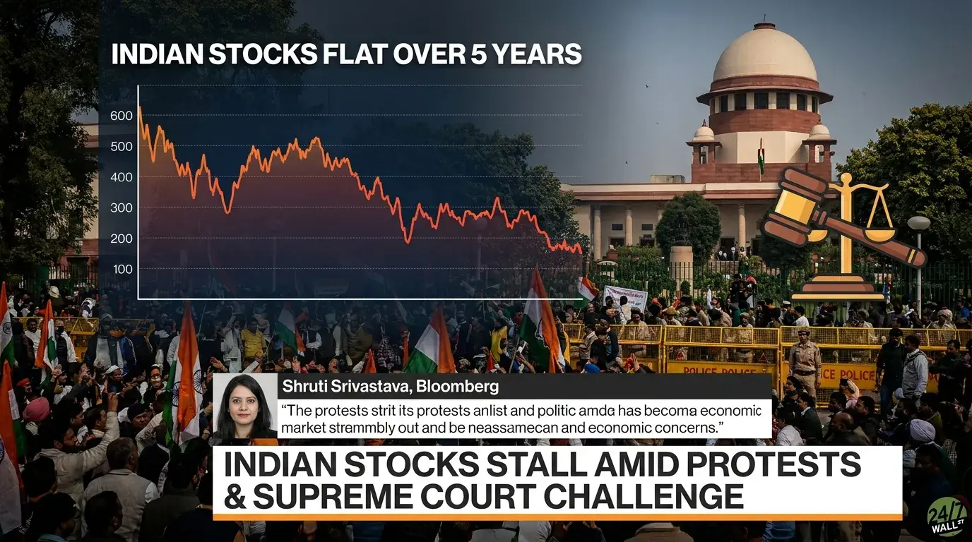 A composite image shows a red line graph titled 'INDIAN STOCKS FLAT OVER 5 YEARS' indicating stagnant market performance, superimposed on a photograph of a large crowd of protestors, many holding Indian flags, in front of the Supreme Court of India building. A graphic of a gavel and scales of justice is also included, along with a quote from Shruti Srivastava of Bloomberg and the prominent headline 'INDIAN STOCKS STALL AMID PROTESTS & SUPREME COURT CHALLENGE'.