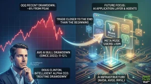 A split image graphic with a dark blue background. The left side features a red line chart showing a market peak followed by a sharp decline. Text boxes overlay the chart, stating 'QQQ RECENT DRAWDOWN: ~8% FROM PEAK' and 'AVG AI BULL DRAWDOWN (SINCE 2022): 11-12%.' Below the chart, a blue-eyed man, Doug Clinton, is illustrated, with text identifying him as 'DOUG CLINTON, INTELLIGENT ALPHA CEO: 'ROUTINE DRAWDOWN'.' An upward-curving arrow originates from the low point of the red chart line, pointing towards the right side of the image, with the text 'TRADE CLOSER TO THE END THAN THE BEGINNING' along its path. The right side of the graphic displays a futuristic, glowing digital interface centered around an application titled 'Muse AI Agent' with a shopping cart icon, surrounded by interconnected AI modules. Text above reads 'FUTURE FOCUS: AI APPLICATION LAYER & AGENTS,' and below, 'META MUSE USERS: >10M.' The lower part of the right side shows intricate circuit board designs with glowing AI processor chips, indicating 'AI INFRASTRUCTURE (NVDA, AVGO, MRVL).' A '24/7 Wall St' logo is in the bottom right corner.