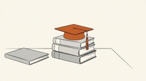 Ink illustration: an orange graduation cap rests on a stack of three closed books, with a fourth book set aside on the table.