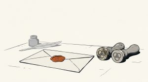 Ink illustration: a letter closed with an orange wax seal lies on a desk beside two identical brass seal stamps carrying the same emblem, as if the seal has been copied.