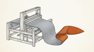 Ink illustration: a wooden hand loom weaves gray cloth that curls into an orange woven nose cone at its end.