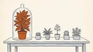 Ink illustration: a large orange-leafed plant fills a glass bell jar on one end of a long table, while five small potted plants (a succulent, a fern, a sapling, a cactus and an herb) sit in a row outside the jar.