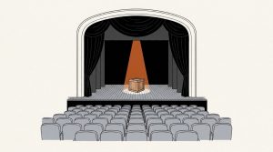 Ink illustration: an orange spotlight falls on a single wooden crate on a bare stage, facing rows of empty theater seats.