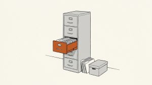 Ink illustration: a tall gray filing cabinet with five drawers, the middle drawer pulled open in orange and packed with folders, beside a few loose folders and a document box.