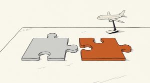 Ink illustration: a gray puzzle piece and an orange puzzle piece lie side by side on a table, their edges unable to lock together, with a small model airliner on a stand behind them.