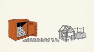Ink illustration: an open orange safe full of metal bars, with a line of bars leading out to a house frame under construction and a small electric substation.