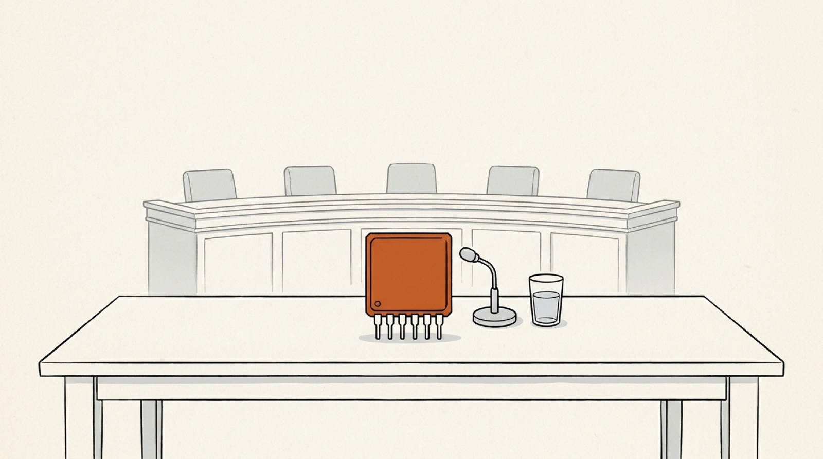 Ink illustration: an orange computer chip sits at an empty hearing-room witness table next to a desk microphone and a glass of water, facing a row of empty chairs on a curved dais.