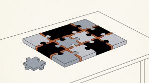 Ink illustration: jigsaw puzzle pieces joined into one solid slab on a table, every seam sealed with an orange weld, one loose piece waiting nearby.