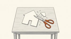 Ink illustration: a paper cutout of a house on a small table, with one corner of its roof snipped off by a pair of orange-handled scissors.