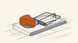 Ink illustration: a set wooden mousetrap on a bare floor, baited with a large orange wedge of cheese.