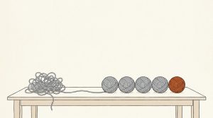 Ink illustration: on a long plain table, a messy tangle of gray yarn at the left leads into a neat row of separate wound balls of yarn, the last one orange.