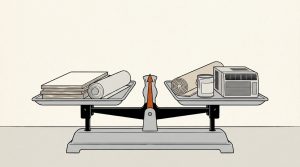 Ink illustration: a balance scale holding plywood and a paper roll on one side and a rolled carpet, a paint can and a window air conditioner on the other, sitting level