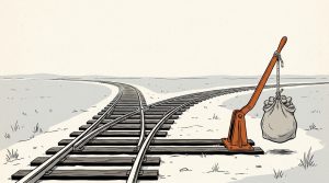 Ink illustration: a railway track splits in two, and a heavy sack of coins hangs from an orange switch lever, holding it toward one track