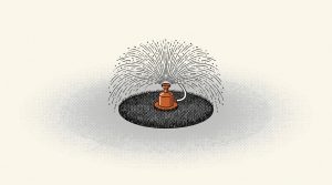 Ink illustration: a burnt-orange garden sprinkler waters a small dark circle of grass in the middle of a wide, pale, dry lawn