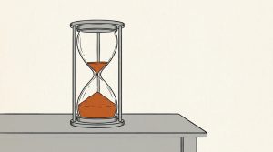 Ink illustration: an hourglass on a gray table with most of its orange sand already in the lower bulb and only a thin layer left on top.