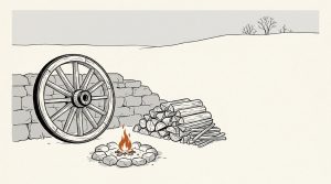 Ink illustration: an old wooden cart wheel leans against a stone wall beside a small, newly lit orange campfire in a ring of stones, with a large stack of unlit logs nearby.