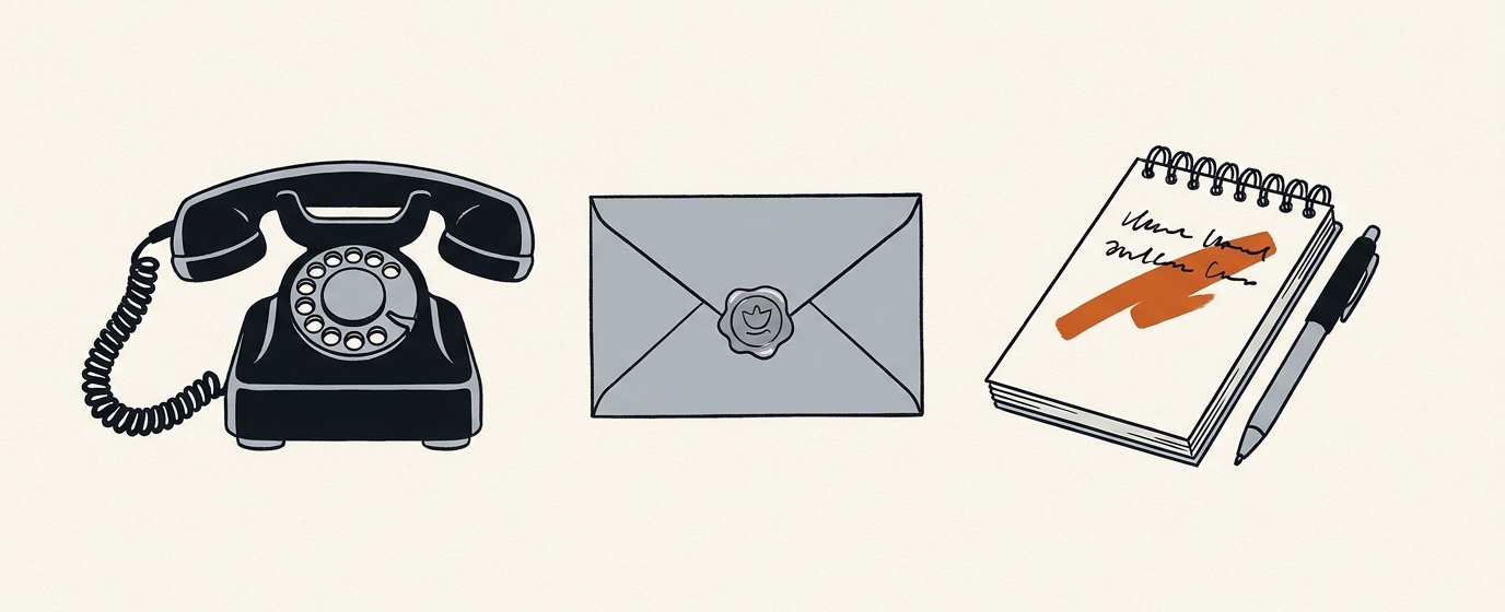 Ink illustration: a vintage desk telephone, a sealed envelope and a reporter's notepad with one line highlighted in orange.