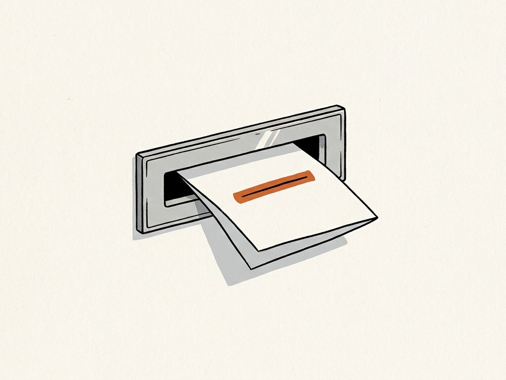 Ink illustration: a folded note pushed halfway through a mail slot, with one line highlighted in orange.