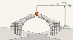 Ink illustration: an unfinished stone arch bridge with a gap at the top, as a crane lowers a burnt-orange keystone toward it.