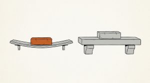 Ink illustration: a thin wooden shelf bows under one orange brick, beside a thick stone shelf that holds a gray brick without bending.