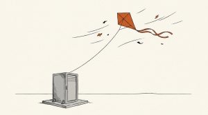 Ink illustration: an orange paper kite twists in a strong gust while its string stays tied to a heavy steel server cabinet bolted to a concrete pad.