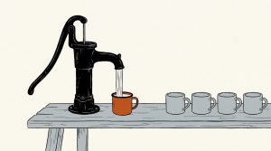 Ink illustration: an old cast-iron hand pump pours water into a single orange cup while a row of empty gray cups waits further down the bench.