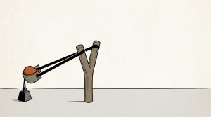 Ink illustration: a wooden slingshot pulled far back, held taut by a small iron weight, with an orange stone in its pouch, aimed at open space.