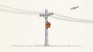 Ink illustration: a small orange birdhouse mounted on a tall wooden utility pole with wires running out of frame, a satellite drifting in the sky above.