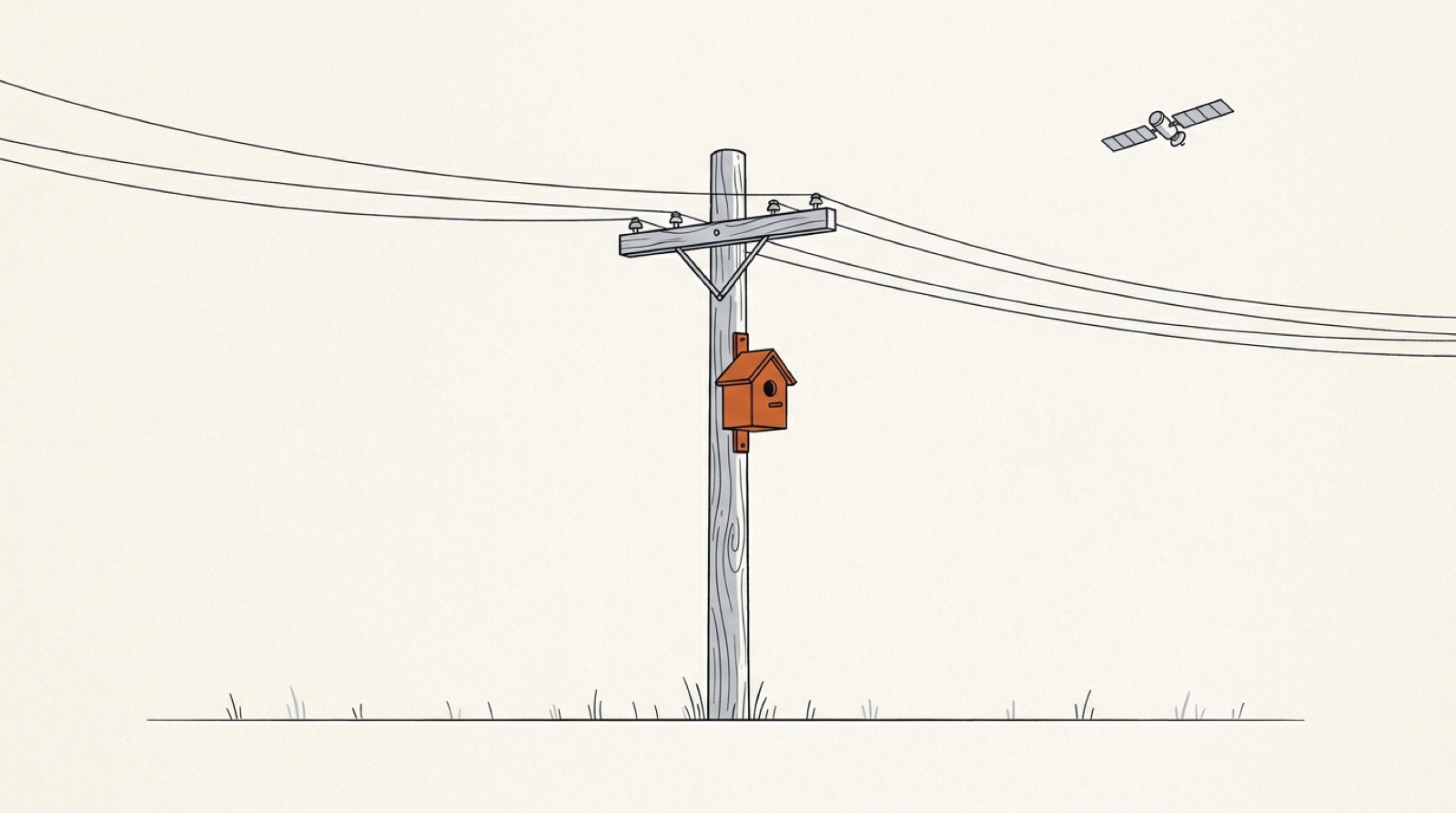 Ink illustration: a small orange birdhouse mounted on a tall wooden utility pole with wires running out of frame, a satellite drifting in the sky above.