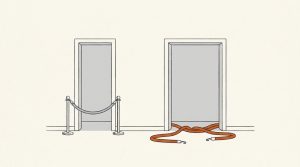 Ink illustration: two doorways in a bare wall. The narrow one on the left is guarded by a gray velvet rope on posts; the wider one on the right has a new orange velvet rope lying unclipped across its threshold.