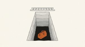 Ink illustration: an orange doctor's bag sits at the bottom of a deep pit, with a wooden ladder lying out of reach above the opening.