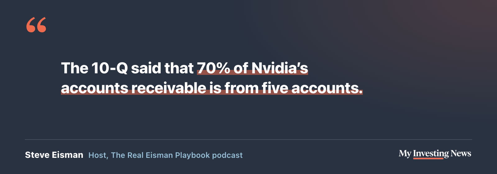 Quote: “The 10-Q said that 70% of Nvidia’s accounts receivable is from five accounts.” Steve Eisman, host of The Real Eisman Playbook podcast